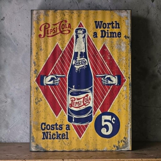 Retro Pepsi-Cola corrugated metal sign with Worth a Dime Costs a Nickel design.
