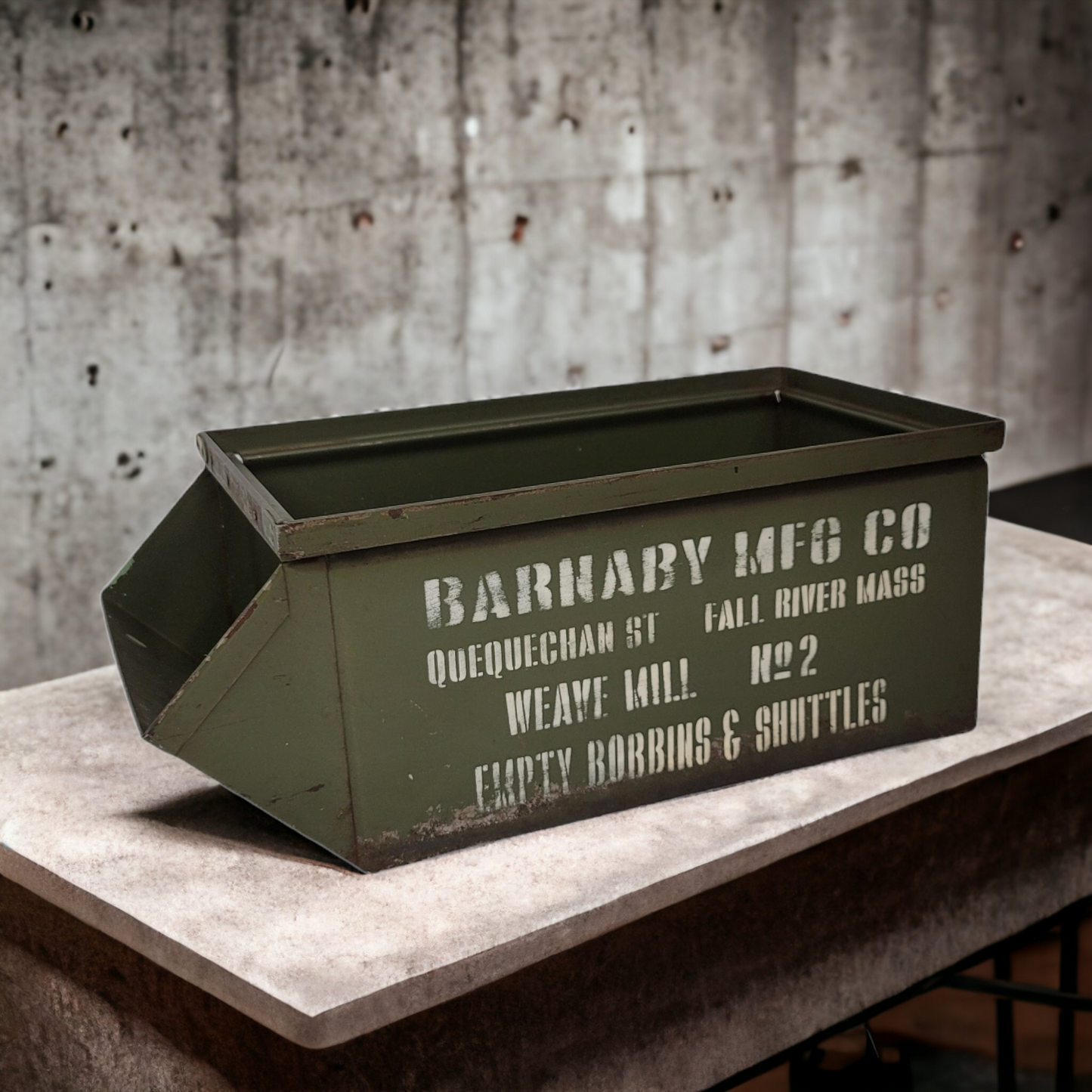 Antique Bin Industrial Metal Box Barnaby MFG Co Fall River Mass Textile Mill Bobbin and Shuttle box