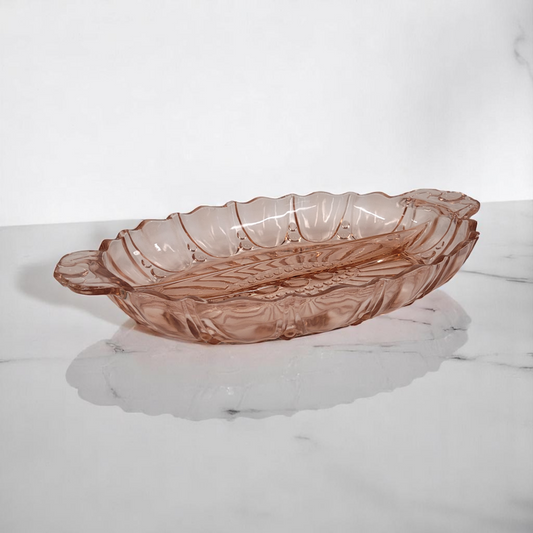 Vintage Large 12" Pink Depression Glass Divided Serving Dish With Handles
