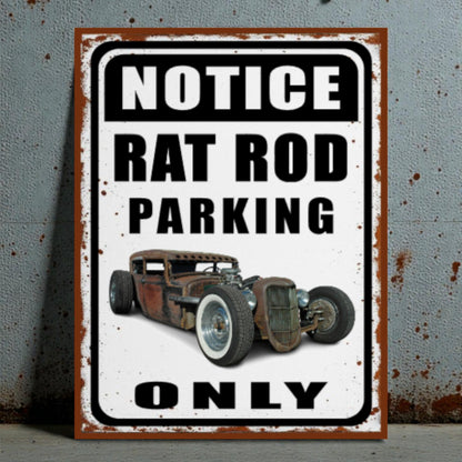 Vintage-style metal sign with a rat rod illustration and text on a textured wall background.