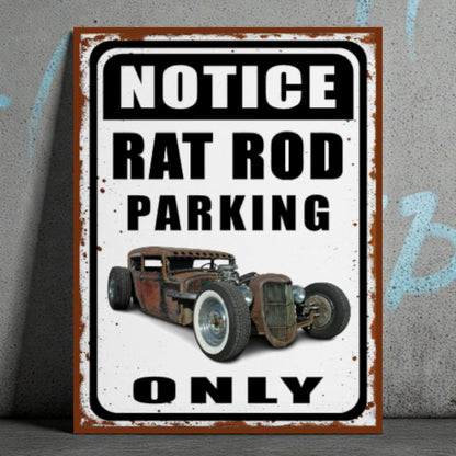 Vintage-style metal sign with a rat rod illustration and text on a gray background
