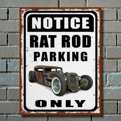 Vintage-style metal sign with a rat rod illustration and text on a brick wall background
