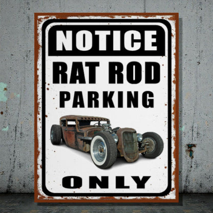 Vintage-style metal sign with a rat rod illustration and text on a textured wall background