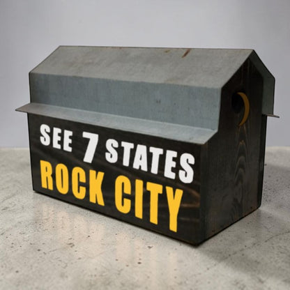 Handmade reclaimed wood Rock City double birdhouse with two nesting compartments and rustic black finish.