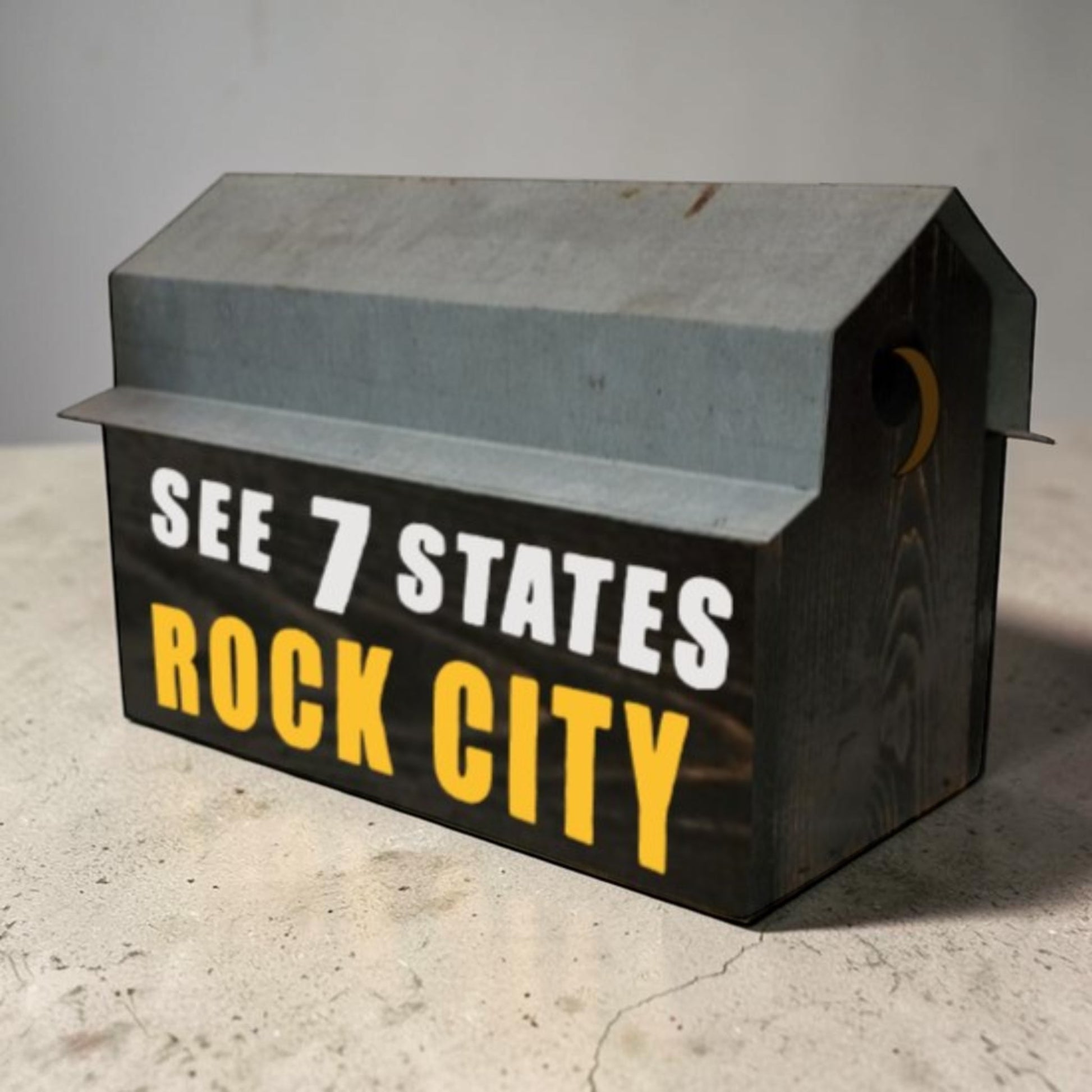 Handmade reclaimed wood Rock City double birdhouse with two nesting compartments and rustic black finish.