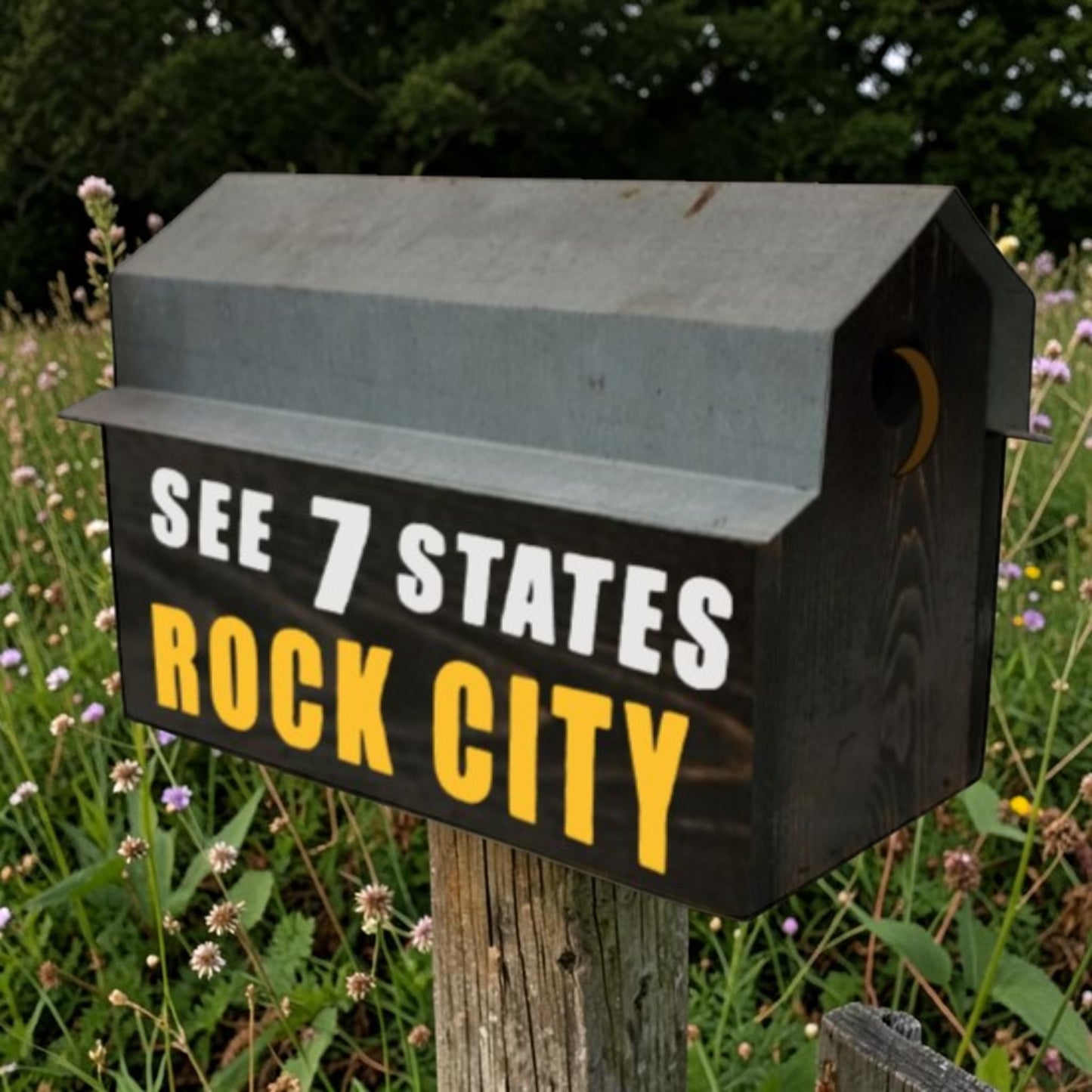 Handmade reclaimed wood Rock City double birdhouse with two nesting compartments and rustic black finish.