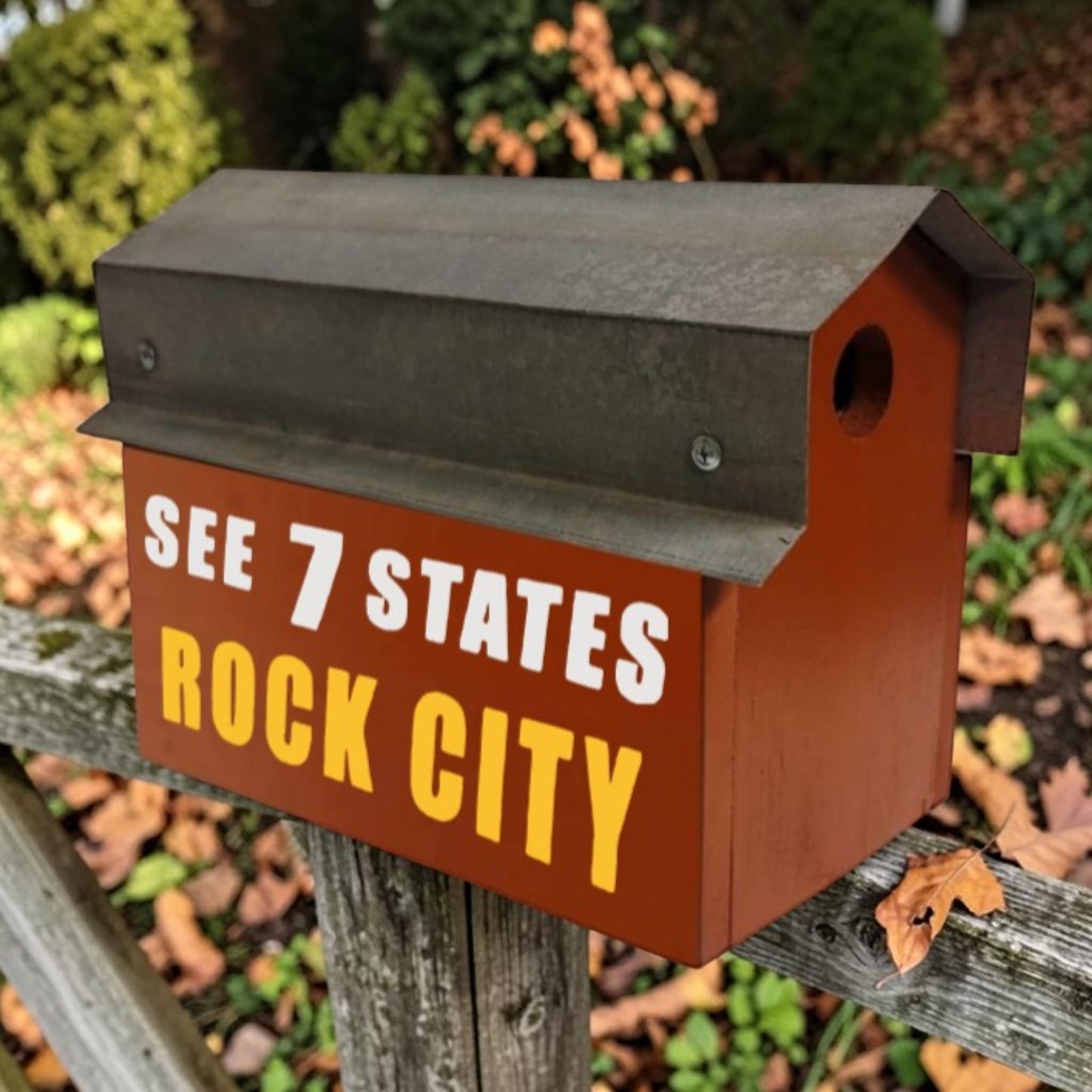 Red reclaimed barn tin Rock City double birdhouse with “See 7 States” hand lettering and two nesting compartments.