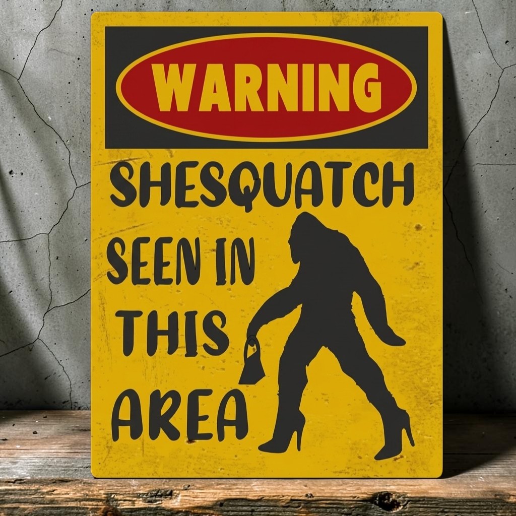 A novelty warning sign with a yellow background, a red and black warning header, and the text 'SHESQUATCH SEEN IN THIS AREA' alongside a black silhouette of a Bigfoot-like figure in high heels, shown leaning against a textured gray wall on a wooden surface.