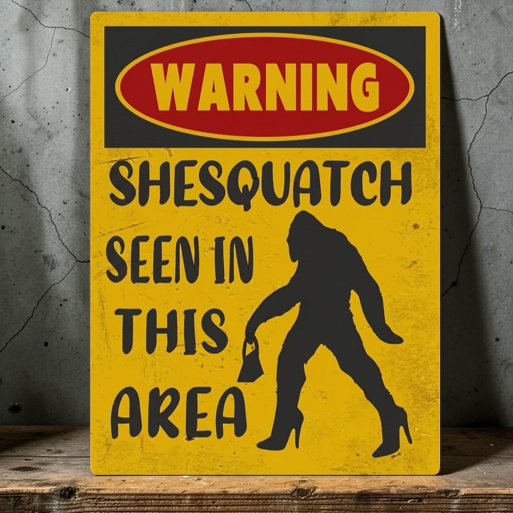 A novelty warning sign with a distressed yellow background, a red oval header reading 'WARNING', and black text that says 'SHESQUATCH SEEN IN THIS AREA' alongside a black silhouette of a Bigfoot-like figure in high heels, shown leaning against a gray concrete wall on a wooden surface.