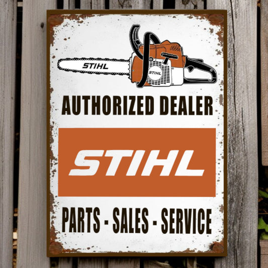 Stihl authorized dealer sign with chainsaw graphic on a wooden background