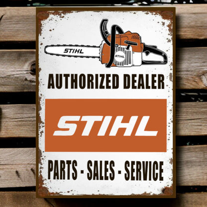 Stihl authorized dealer sign with chainsaw graphic on a wooden background