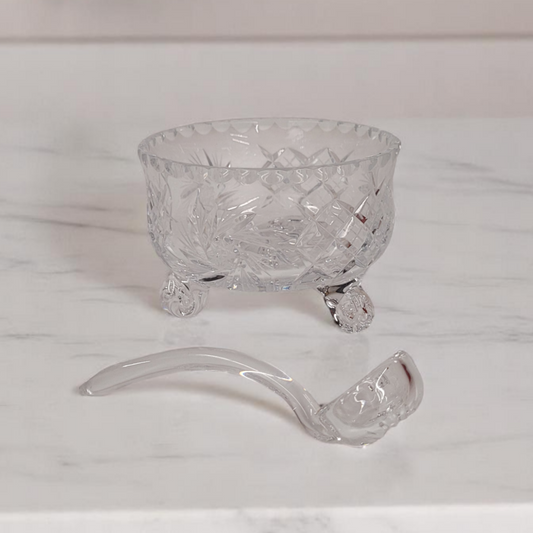 Small Hand-Cut Crystal Glass 3-Footed Sugar Bowl With Crystal Spoon 