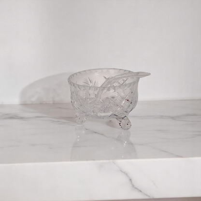 Small Hand-Cut Crystal Glass 3-Footed Sugar Bowl With Crystal Spoon 