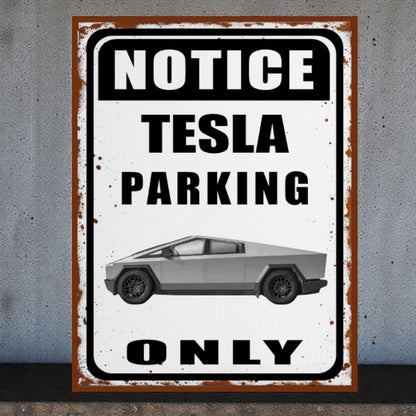 Vintage-style metal sign with Tesla logo and text 'Notice Tesla Parking Only' on a gray background