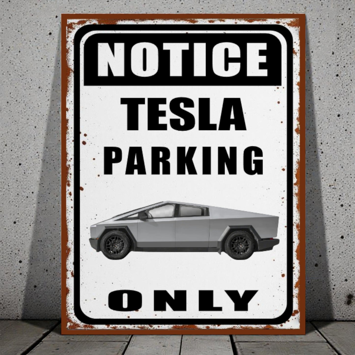 Vintage-style sign with Tesla logo and text 'Notice Tesla Parking Only' on a concrete wall.