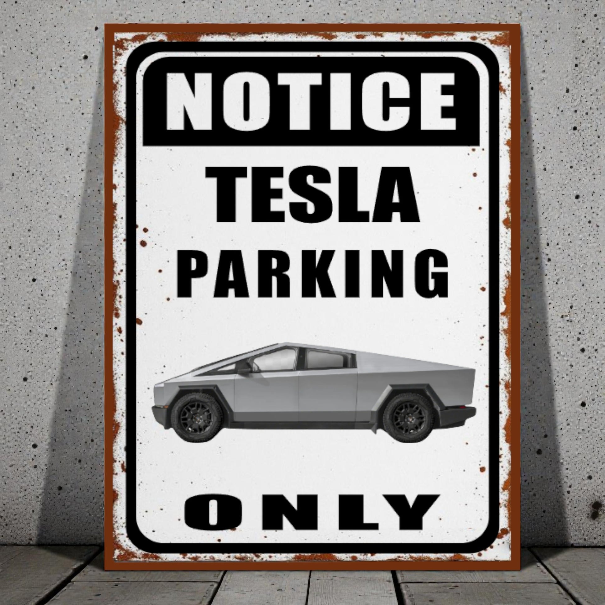 Vintage-style sign with Tesla logo and text 'Notice Tesla Parking Only' on a concrete wall.