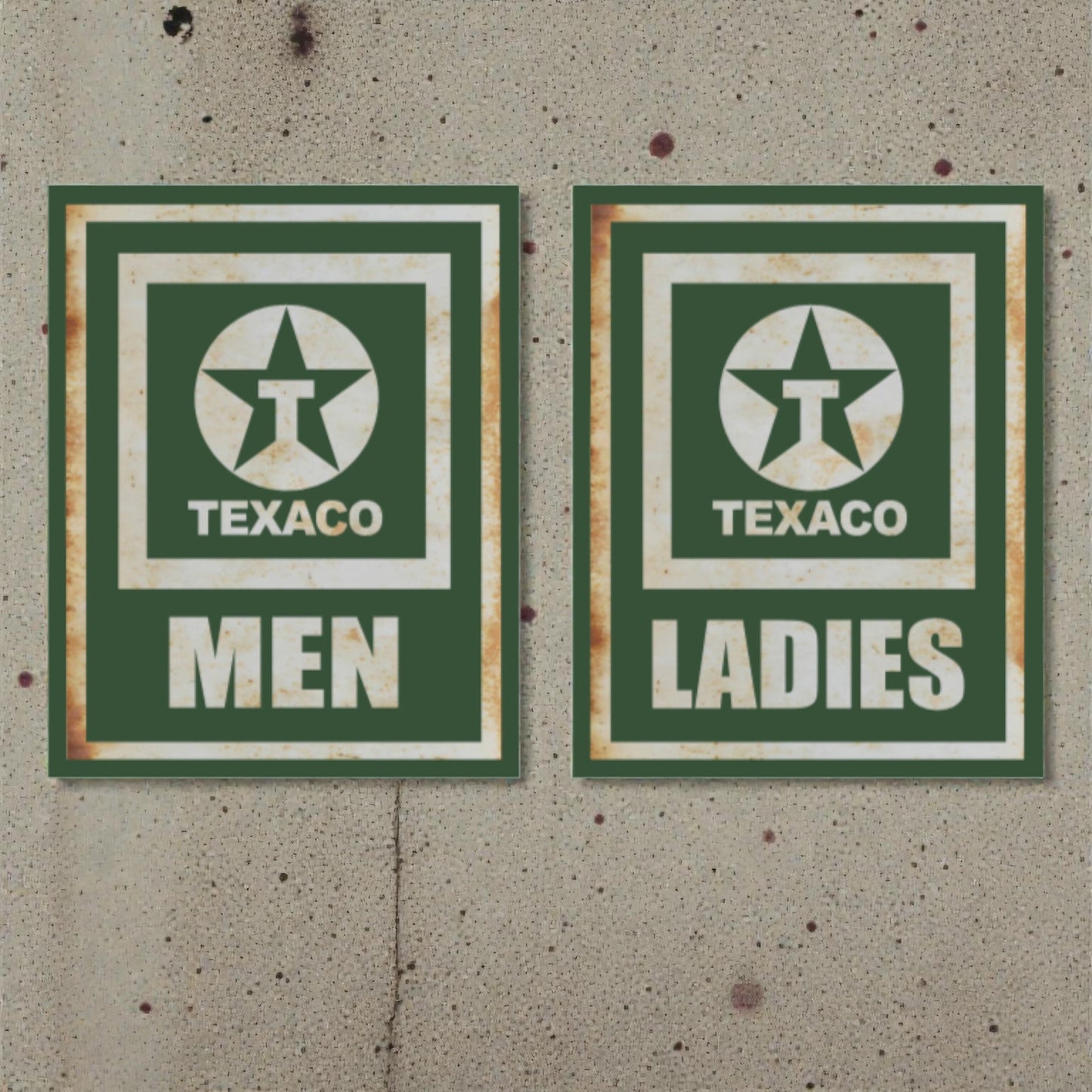 Two vintage Texaco restroom signs on a textured wall.