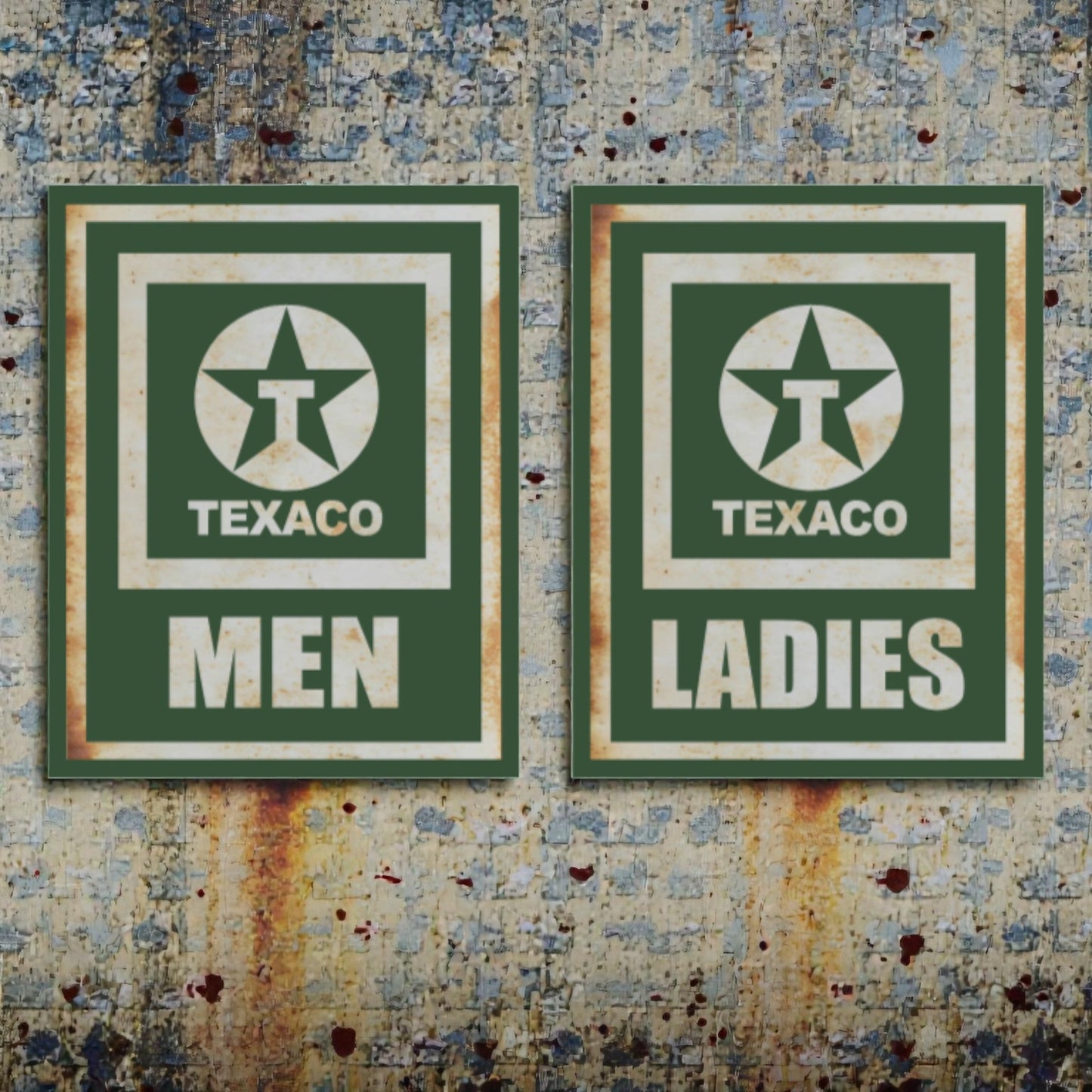 Two vintage Texaco restroom signs on a textured wall.