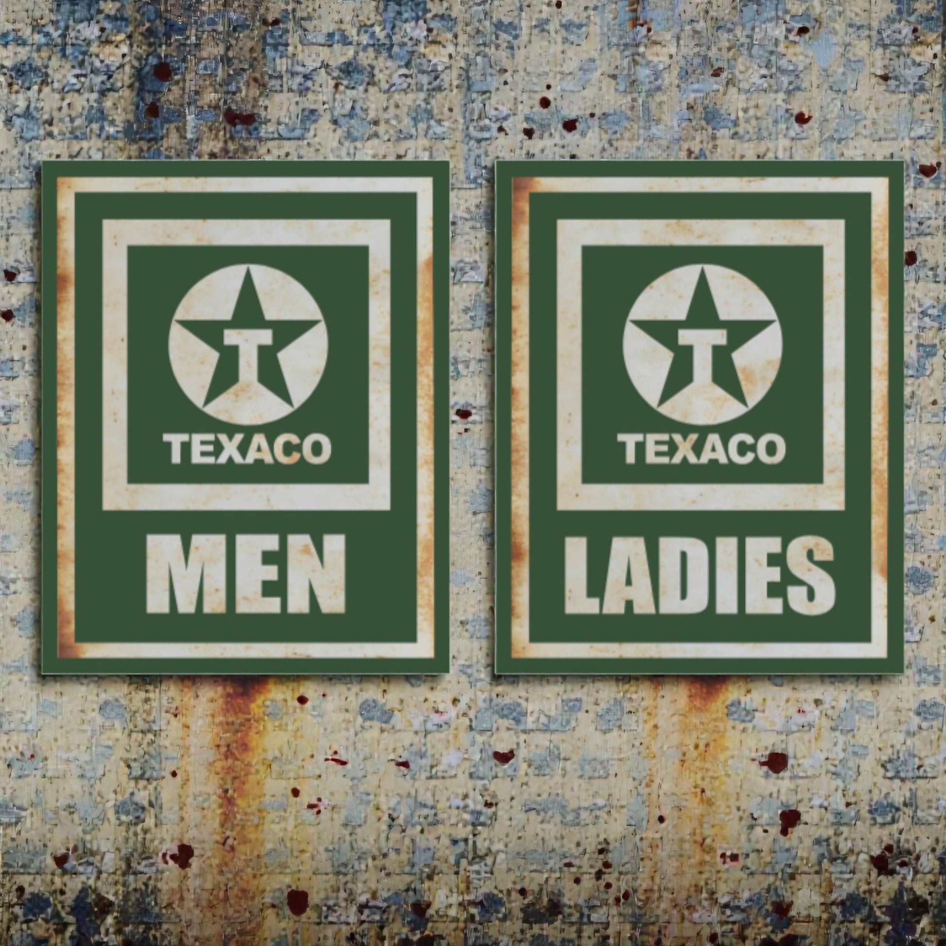 Two vintage Texaco restroom signs on a textured wall.
