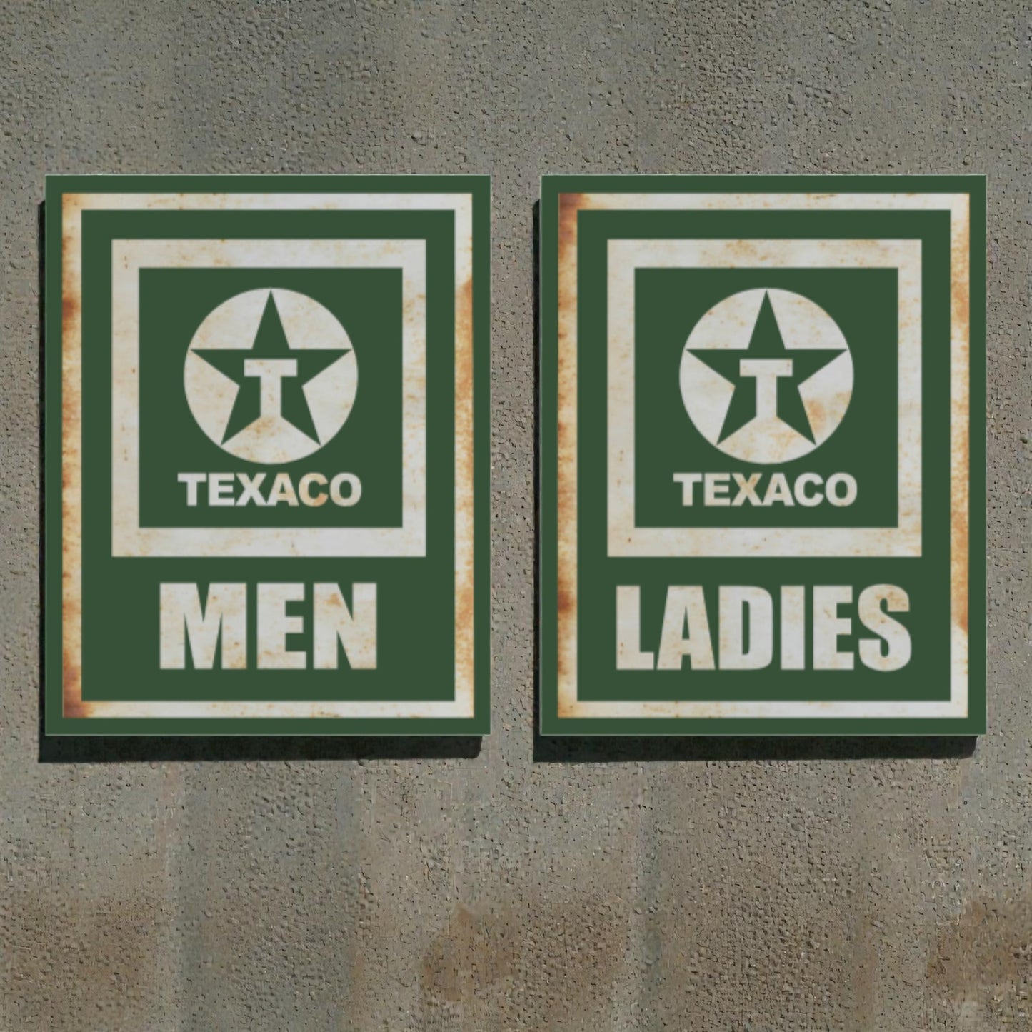 Two vintage-style Texaco restroom signs on a textured wall.