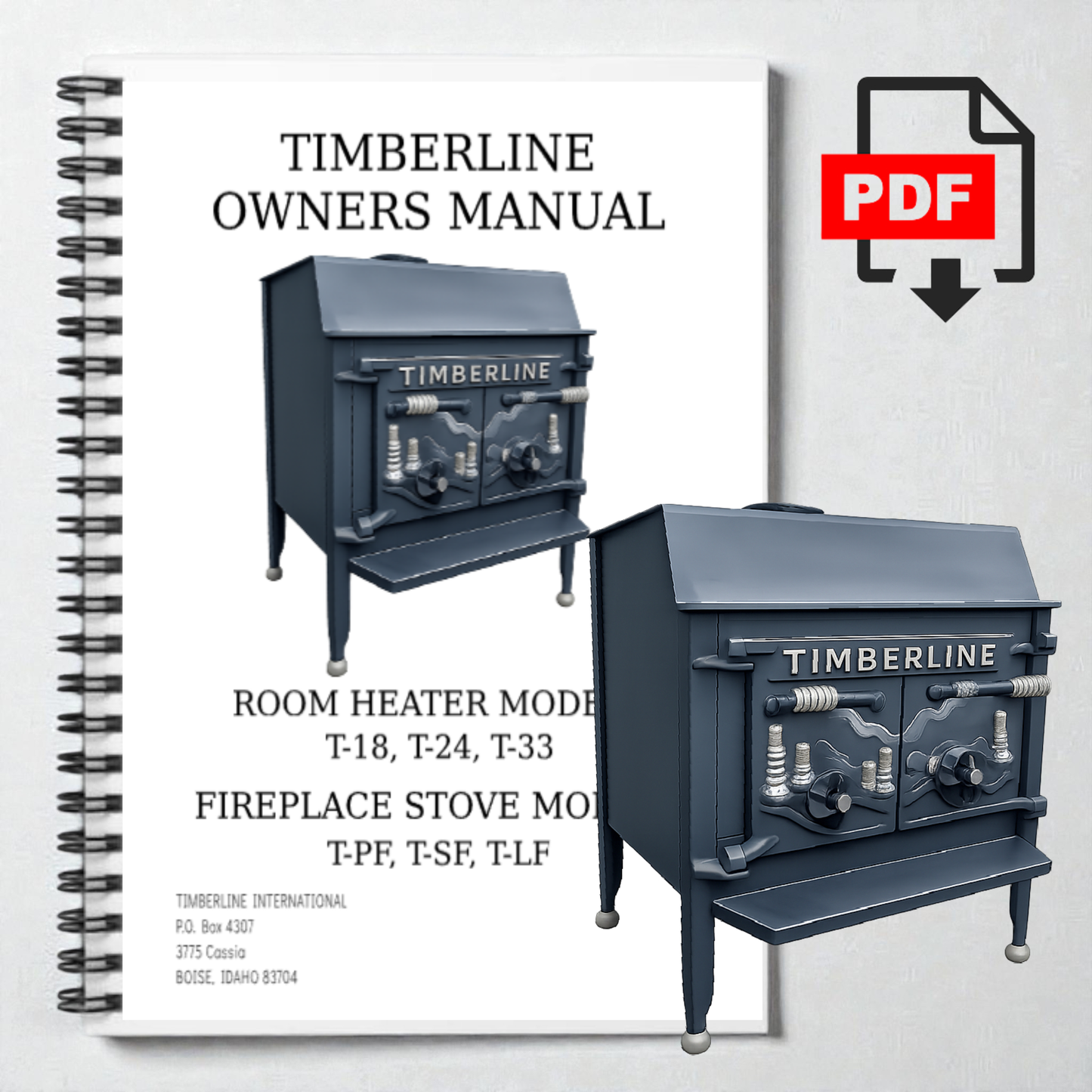 Timberline owners manual for room heaters and fireplaces on a white background