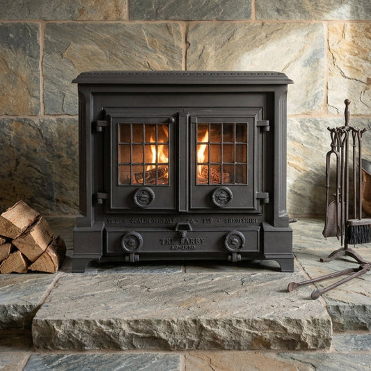 Coalbrookdale Darby cast iron wood and coal stove with glass doors