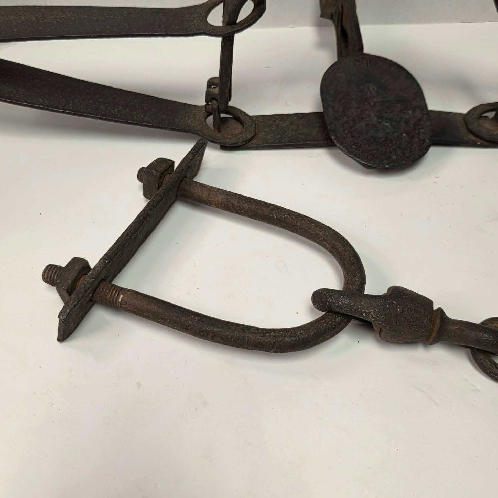 Antique Triumph 415X bear trap with toothed jaws and attached chain.
