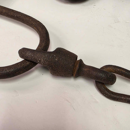 Antique Triumph 415X bear trap with toothed jaws and attached chain.
