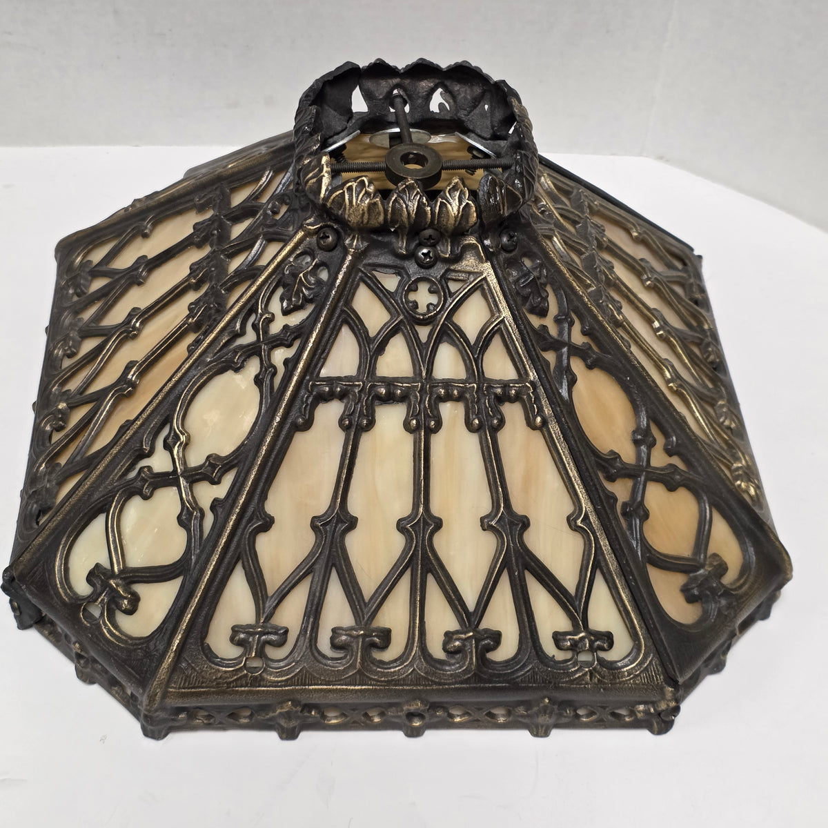 Timeless Victorian elegance in bronze and slag glass.