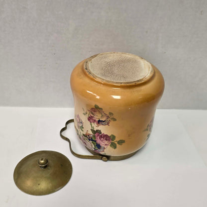Victorian porcelain biscuit barrel with beautiful rose motif and antique crazing.
