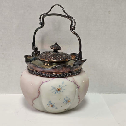 Victorian Mount Washington biscuit barrel with pastel pink and blue floral glass and ornate handle.
