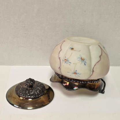Victorian Mount Washington biscuit barrel with pastel pink and blue floral glass and ornate handle.
