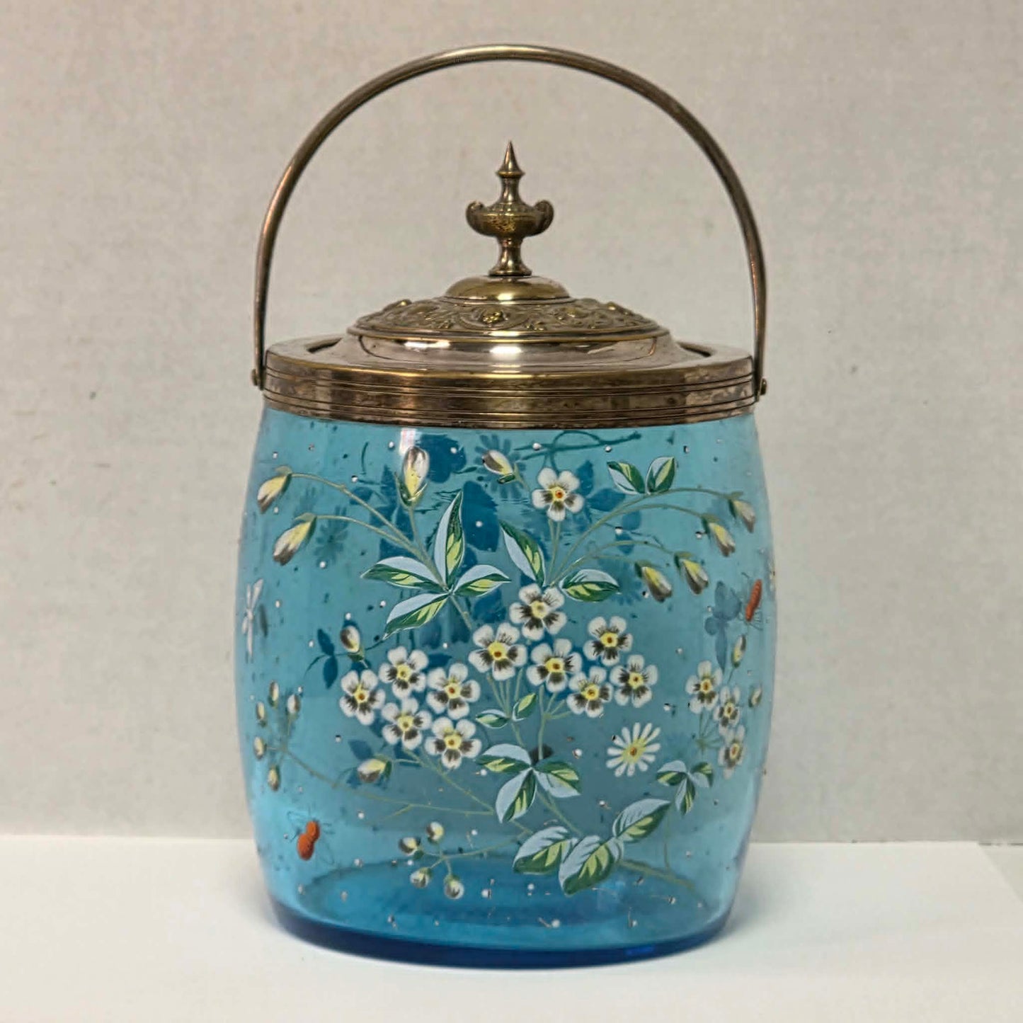 Victorian pastel blue glass biscuit barrel with hand-painted flowers, butterflies and bees.
