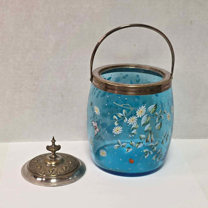 Victorian pastel blue glass biscuit barrel with hand-painted flowers, butterflies and bees.
