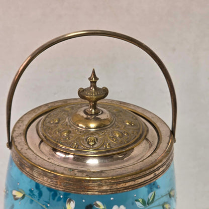 Victorian pastel blue glass biscuit barrel with hand-painted flowers, butterflies and bees.
