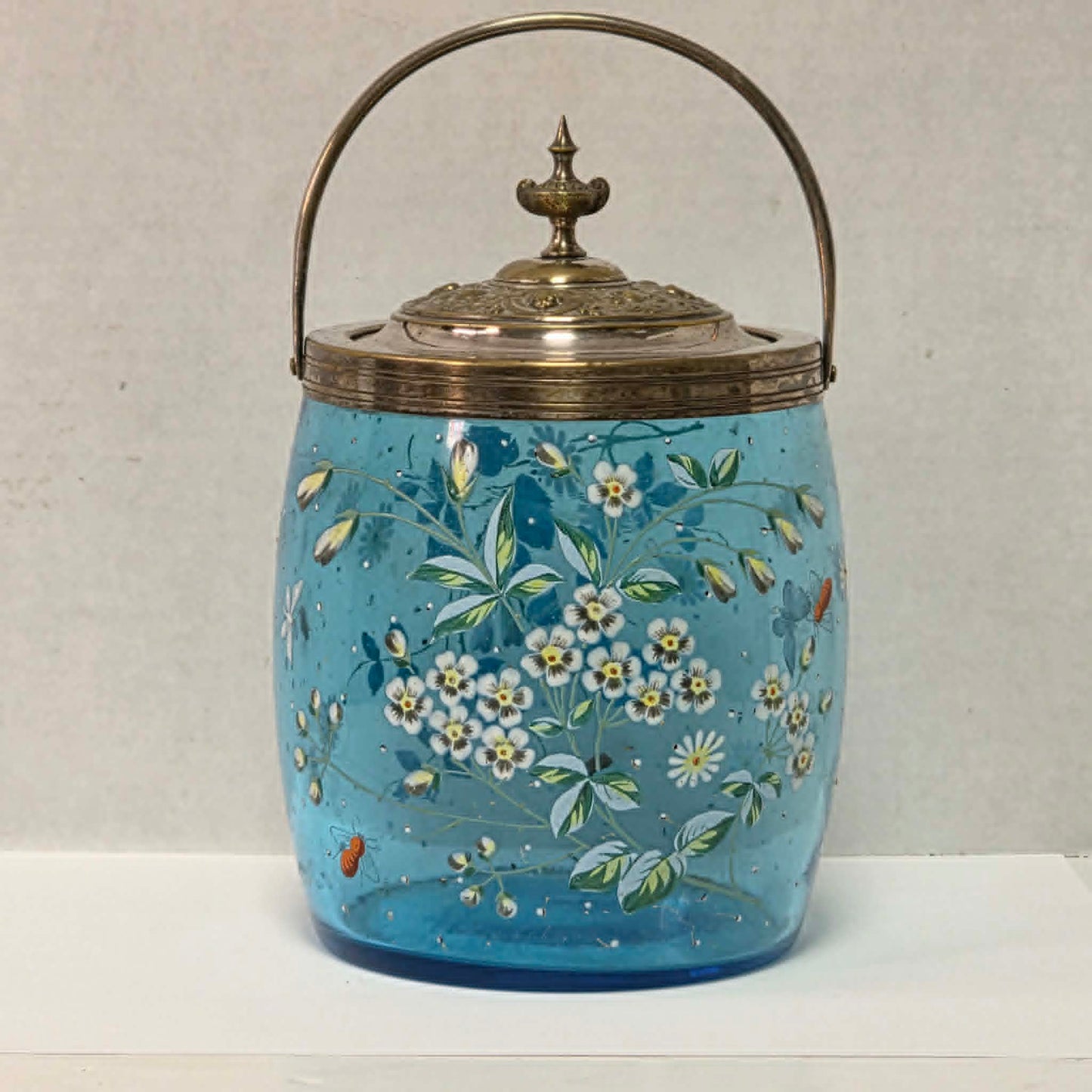 Victorian pastel blue glass biscuit barrel with hand-painted flowers, butterflies and bees.
