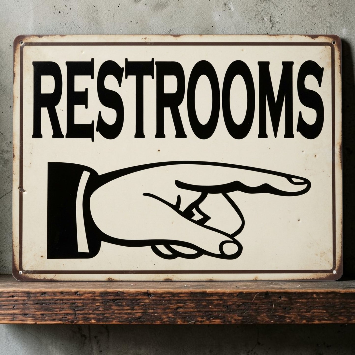 Victorian-style restroom or toilet sign with pointing finger available in multiple sizes and directions.
