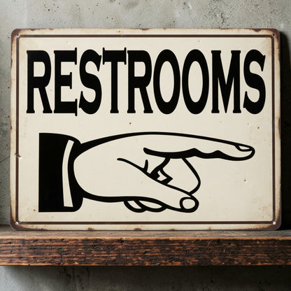 Victorian-style restroom or toilet sign with pointing finger available in multiple sizes and directions.
