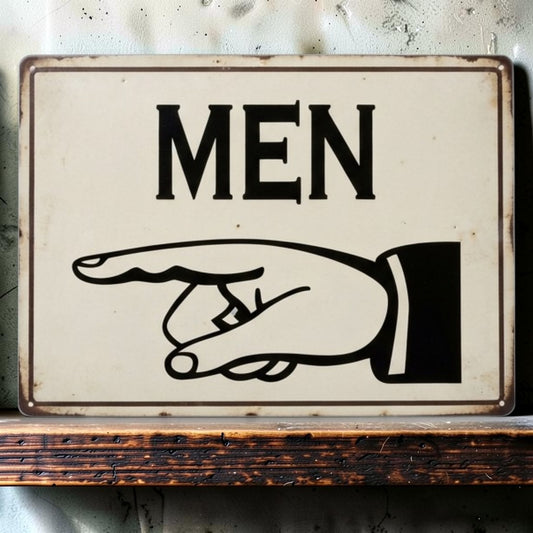 Victorian men's and ladies' restroom signs with pointing finger available in multiple sizes and directions.
