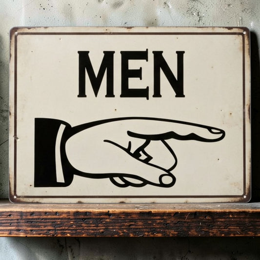 Victorian men's and ladies' restroom signs with pointing finger available in multiple sizes and directions.
