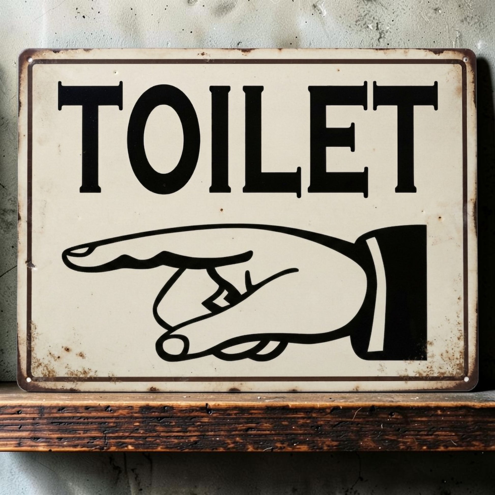 Victorian-style restroom or toilet sign with pointing finger available in multiple sizes and directions.
