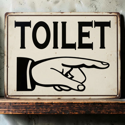 Victorian-style restroom or toilet sign with pointing finger available in multiple sizes and directions.
