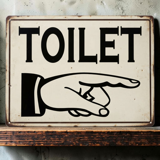 Victorian-style restroom or toilet sign with pointing finger available in multiple sizes and directions.
