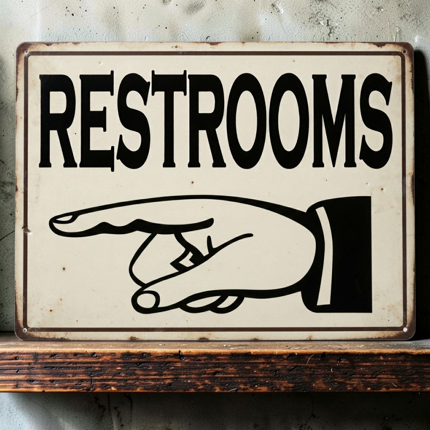 Victorian-style restroom or toilet sign with pointing finger available in multiple sizes and directions.
