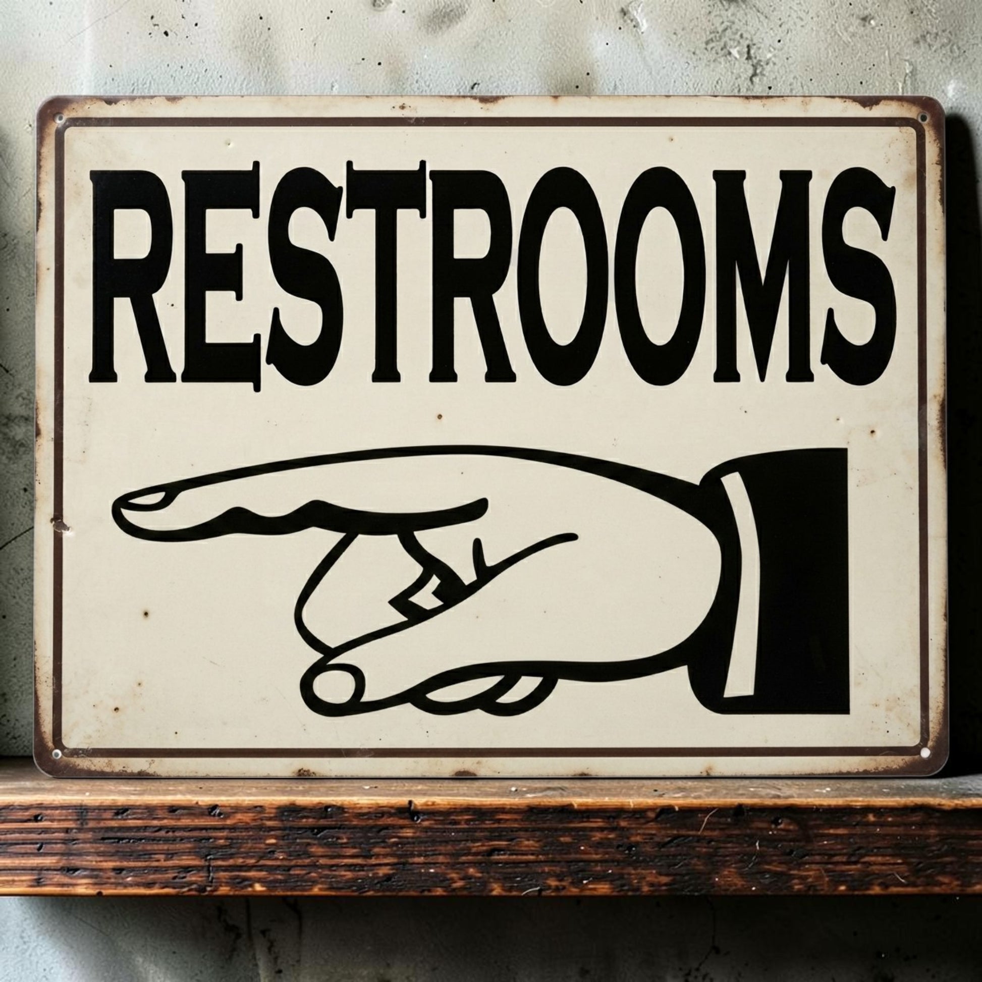 Victorian-style restroom or toilet sign with pointing finger available in multiple sizes and directions.
