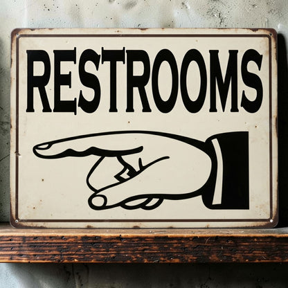 Victorian-style restroom or toilet sign with pointing finger available in multiple sizes and directions.
