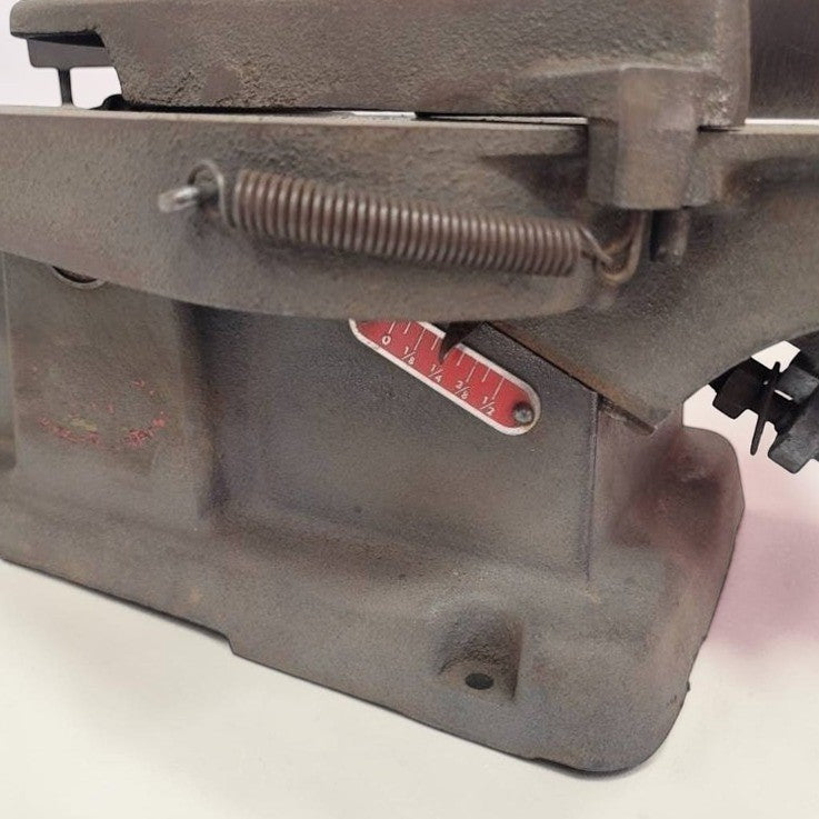 Vintage Rockwell Beaver 4 inch belt-driven benchtop jointer planer with heavy cast iron construction for woodworking.