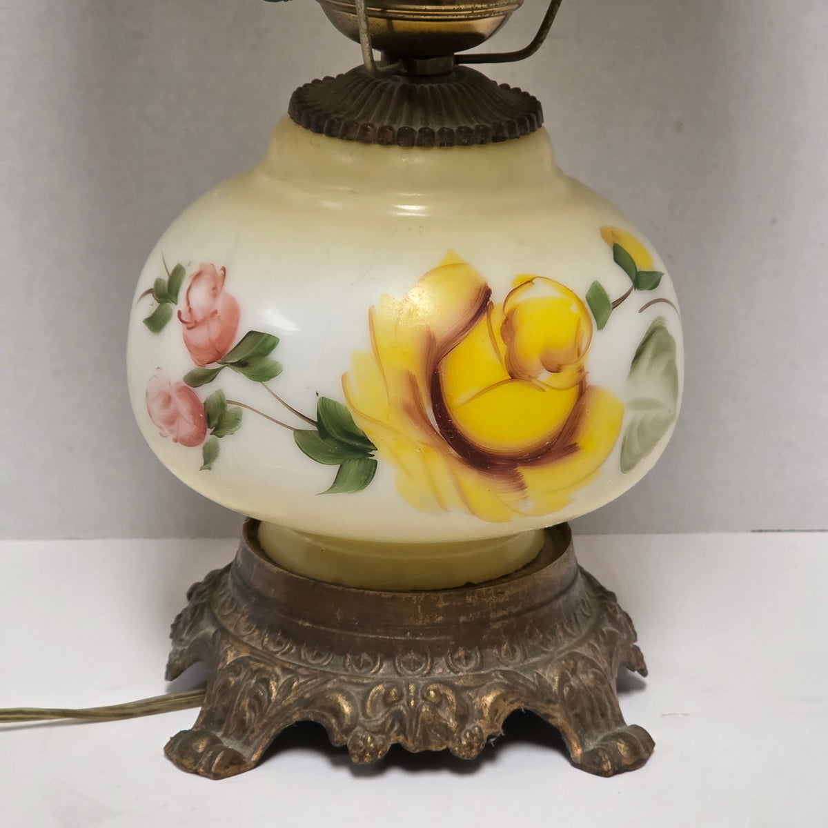 Pastel yellow floral Gone With the Wind hurricane lamp with hand-painted roses
