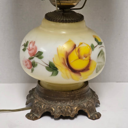 Pastel yellow floral Gone With the Wind hurricane lamp with hand-painted roses
