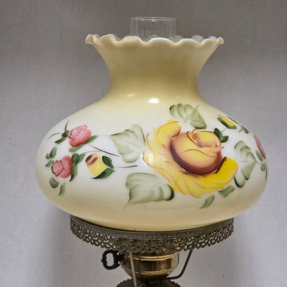 Pastel yellow floral Gone With the Wind hurricane lamp with hand-painted roses
